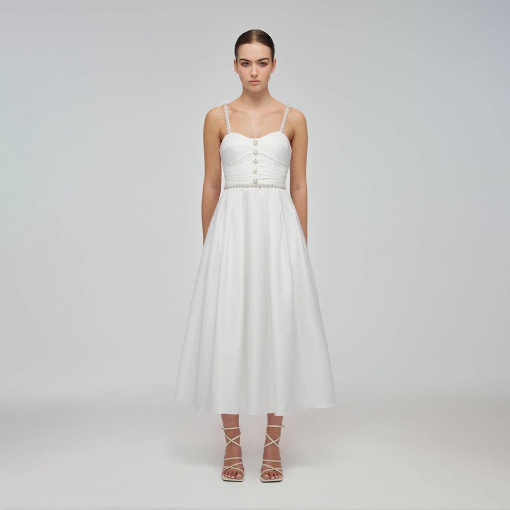 Self-Portrait White Taffeta Diamante Strap Midi Dress